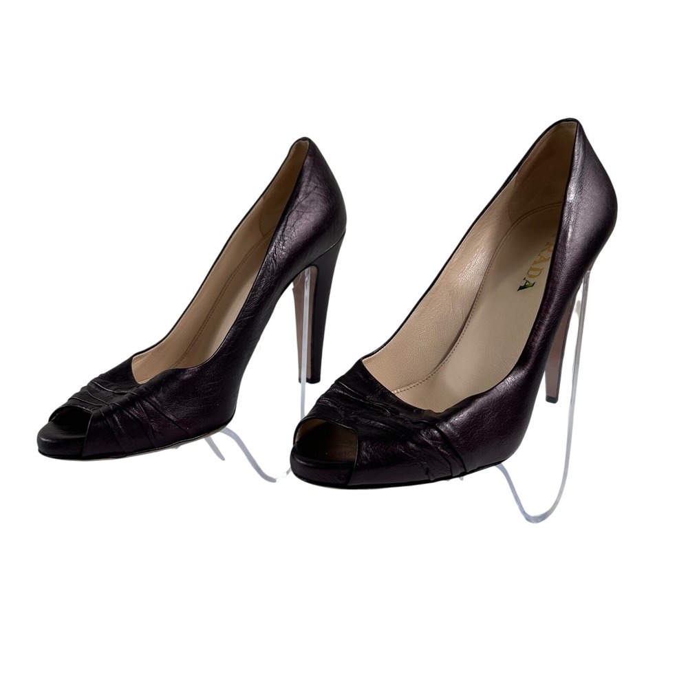 Vintage Prada Peep Toe Heels 37 Plum Purple Leather Stiletto Luxury Y2K Pump 90s